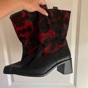 Cowhide Red and Black Vintage Cowgirl Boots
